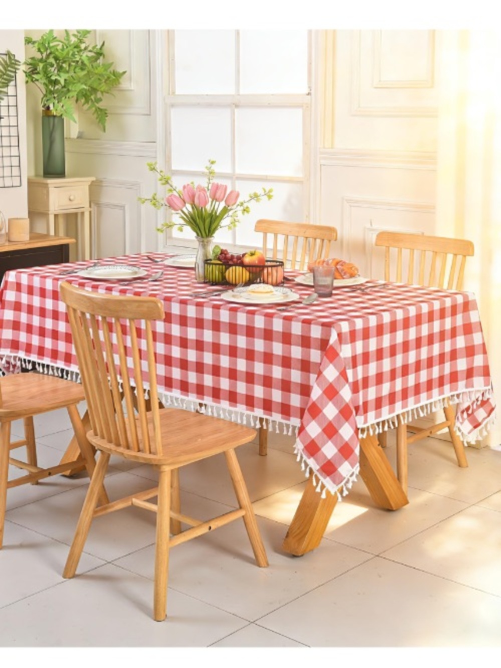 Checkered Tablecloth with Tassel Trim RECTANGULAR 52x70” RED & WHITE